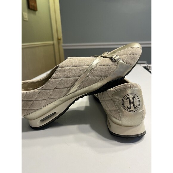 Cole Haan Tan Quilted Suede Gold Metallic Leather Accents Slip On Sneakers Shoes - Picture 7 of 15